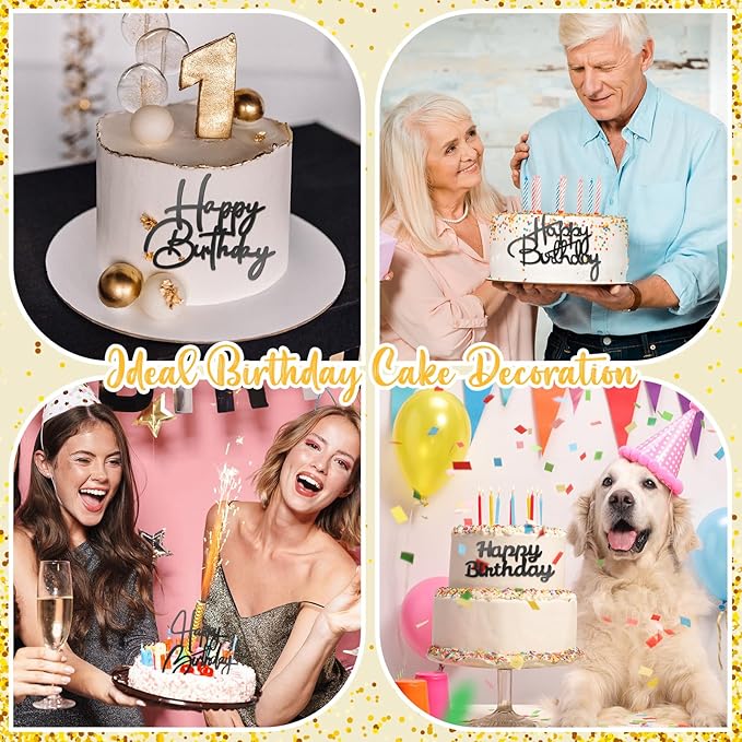 Barydat 50 Pcs Happy Birthday Cake Toppers Bulk Mirror Acrylic Cupcake Topper Cupcake Decorations Happy Birthday Sign for Cake Side Inserts Decor Party Supplies 10 Style(Black)