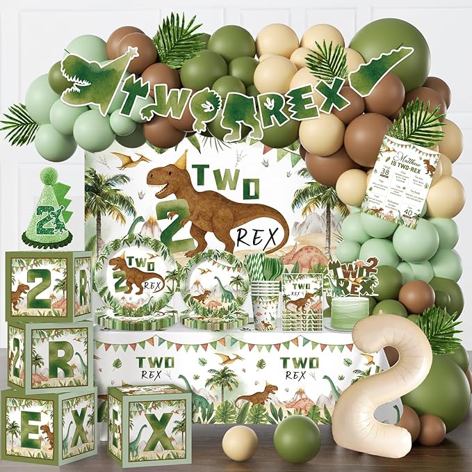 cocomigo 237pcs Two Rex Birthday Decorations Boy Complete Party Set, Dinosaur Birthday Decorations 2, Serves 20 Guests, 2 Year Old Party Decor Boy, 2nd Party Decor for Boys