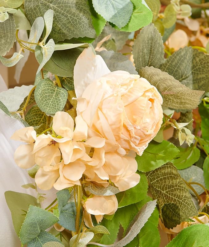 PONKING Flower Garland Artificial Rose & Hydrangea Vine Hanging Fake Flowers Vines for Wedding Birthday Party Valentines Christmas Room Wall Arch Decor, 1 Rose & 1 Hydrangea Champagne Floral Garland