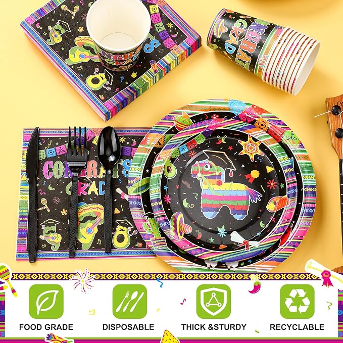 Yungyan 252 Pcs Mexican Graduation Fiesta Party Tableware Set Mexican Graduate Plates Napkins Cups Forks Knives Spoons for Mexico Graduate Party Decorations Supplies 36 Guests
