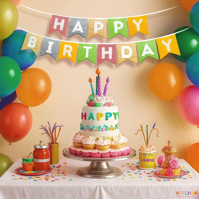 KatchOn, Colorfull Fabric Happy Birthday Banner – Pre-Strung, 10 Feet | Happy Birthday Sign for Birthday Party Decorations for Women, Men | Happy Birthday Sign Backdrop for Happy Birthday Decorations