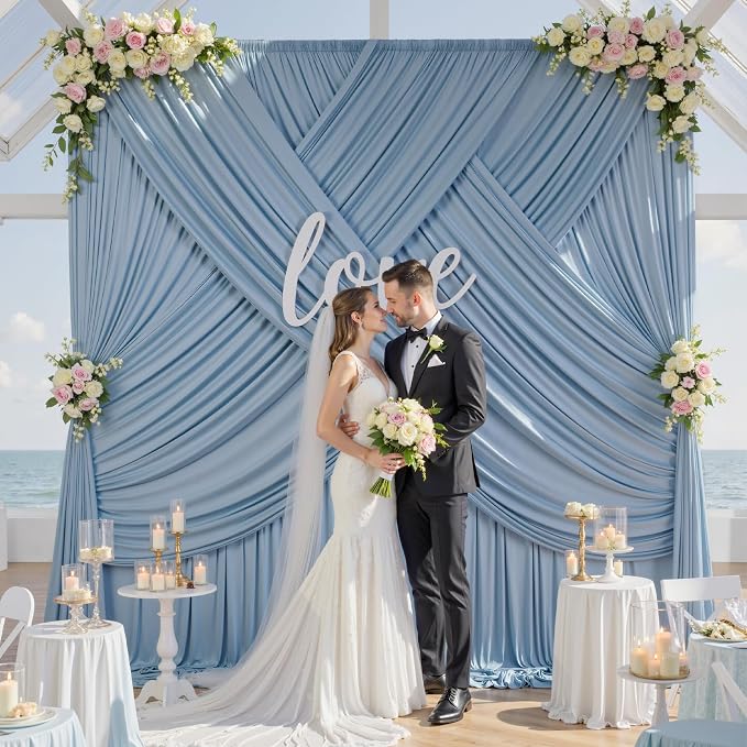 50ft x 10ft Wrinkle Free Dusty Blue Backdrop Curtain for Parties, 10 Panels 5x10ft Silky Polyester Backdrop Drapes Photo Back Drop Cloth for Wedding Birthday Baby Shower Photography Background