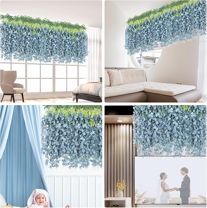 LELEE 25 Pcs Artificial Wisteria Hanging Flowers 3.6ft Dusty Blue Fake Hanging Flowers Garland Silk Flowers Rattan String Faux Wisteria Vine for Wall Home Wedding Party Arch Greenery Backdrop Decor