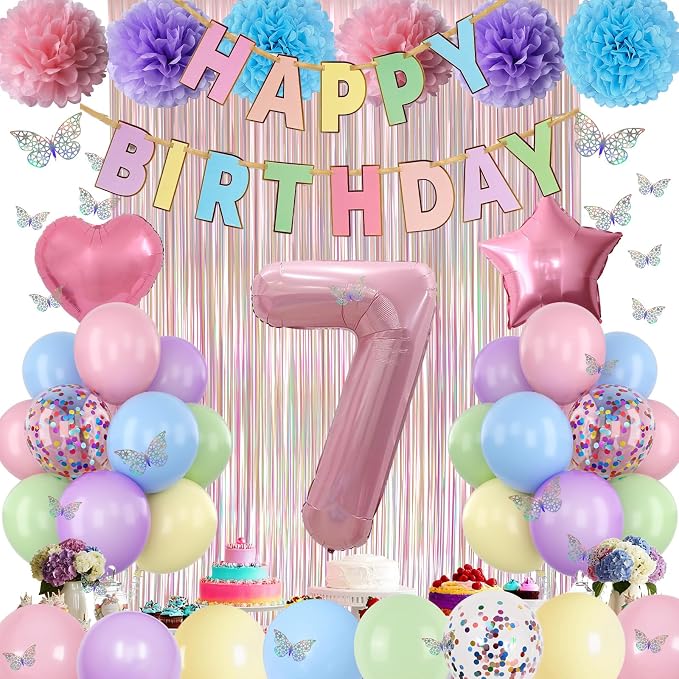 Pastel 7th Birthday Party Decorations for Girls Number 7 Balloon Happy Birthday Banner Butterfly Stickers Fringe Curtain Paper Pom Poms Macaron Pink Star Heart Foil Colorful Balloons 7 Year Old Decor