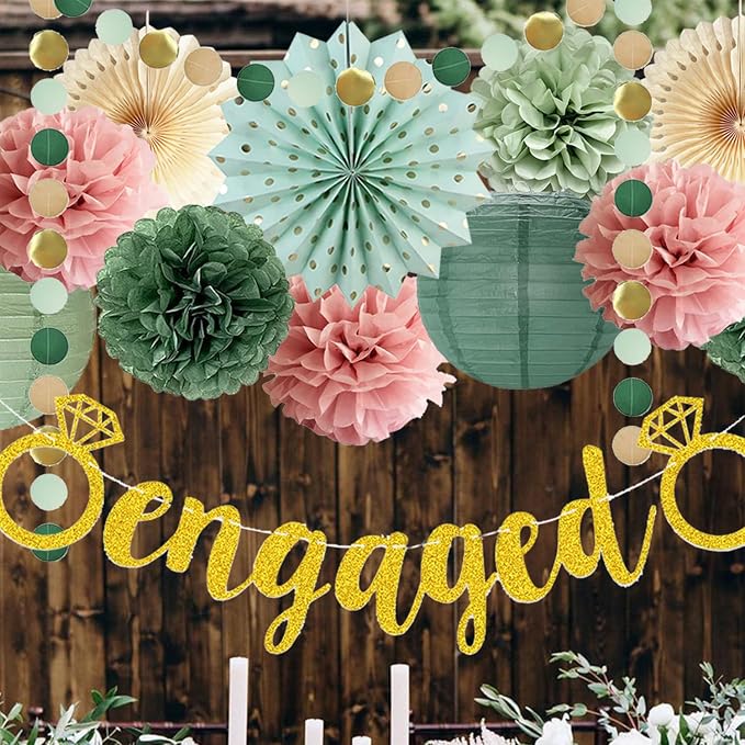 Engagement Party Decorations Pink and Sage Green Engaged Party Decoration Olive Tissue Pom Poms Paper Fans Tassel Garlands for Sage Green Dusty Pink Bridal Shower Engagement Married Decoration