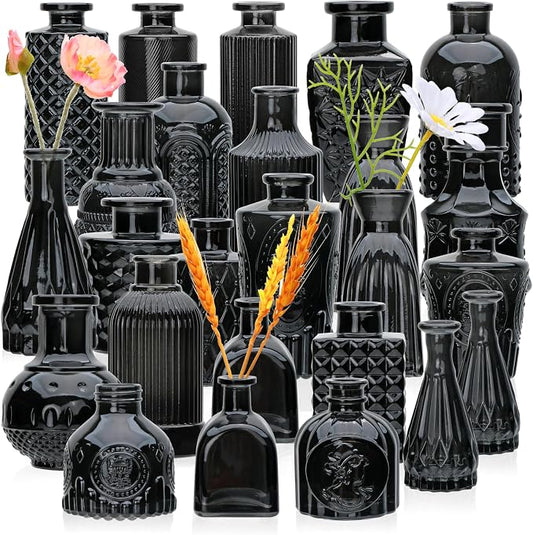 Bud Vase Set of 25: Black Glass Vases - Small, Cute Vintage Set for Flower, Wedding, Home Decorations