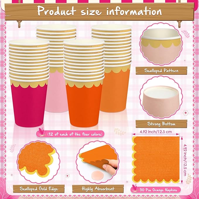 Mimorou 342 Pcs Pink and Orange Plates and Napkins Pink and Orange Tableware Paper Disposable Plates Napkins Cups Plastic Tablecloth Triangle Banner for Wedding Bachelorette Birthday Party Supplies