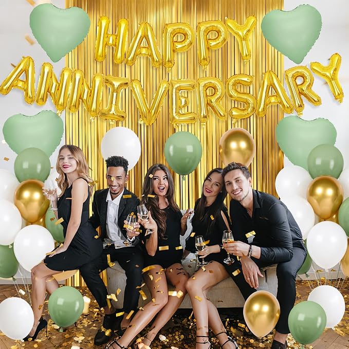 Anniversary Decorations Green Gold,Happy Anniversary Balloon Banner with Heart Foil Balloons Fringe Curtain for Wedding Party Valentine's Day Romantic Night Surprise