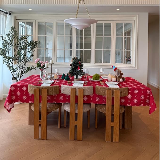 Red Tablecloth, Rectangle Table Cloh with Snowflake Decorations, Spillproof Cotton Linen Fabric Table Cover for Holiday, Winter, Party, Christmas - 60''x120''