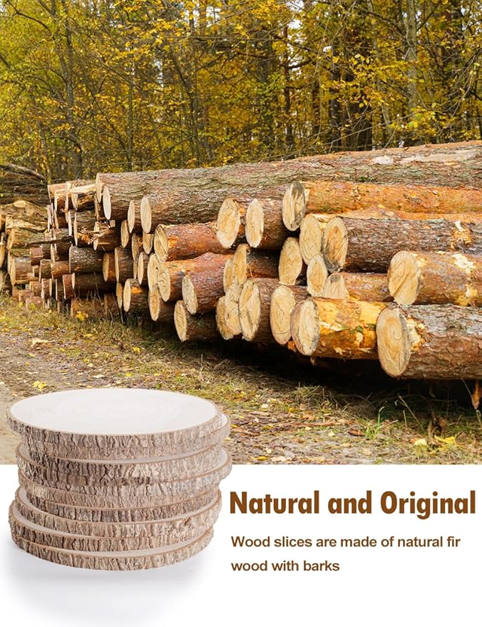 wohohoho 10 Pcs 9-10 Inch Large Natural Wood Slices for Centerpieces, Unfinished Wood Circles with Bark for DIY Craft, Wooden Rounds for Tables Cake Stand Tray Painting Wedding Christmas Decorations