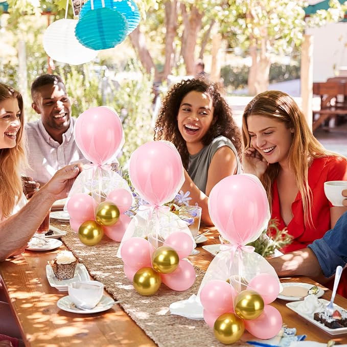 BBTO 8 Set Pink Gold Table Centerpieces Balloons Stand Kit, Latex Balloons and Table Stand Holder with Base Tulle for Wedding Birthday Grad Prom Centerpieces Party Back to School Baby Shower
