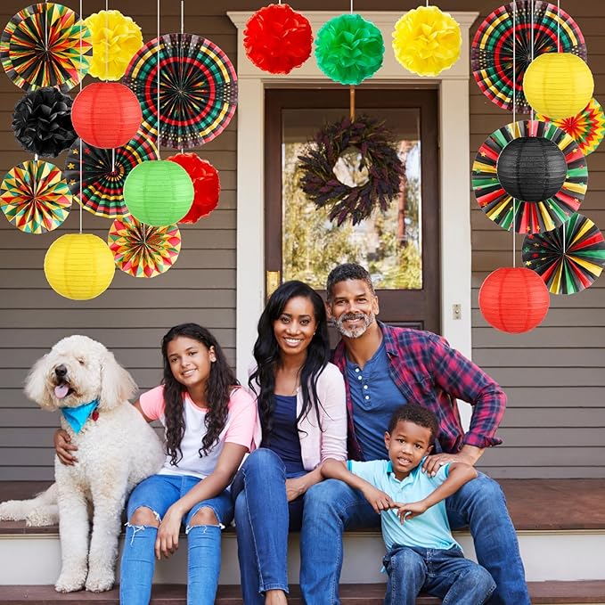 Outus 21 Pcs Black History Month Hanging Decorations Paper Fans Black History Ceiling Decor Kwanzaa Kente Paper Fan Lantern Pom Poms for African American Classroom Wall Decor