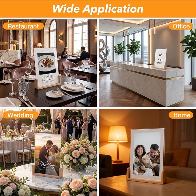Acrylic Sign Holder 8.5 x 11 with Wood Base 3 Pack, Anti-Slip Silicone Bottom Menu Stand for Table, Clear Double Sided T-Shape & Slanted L-Shape Flyer Display for Office, Restaurant, Wedding