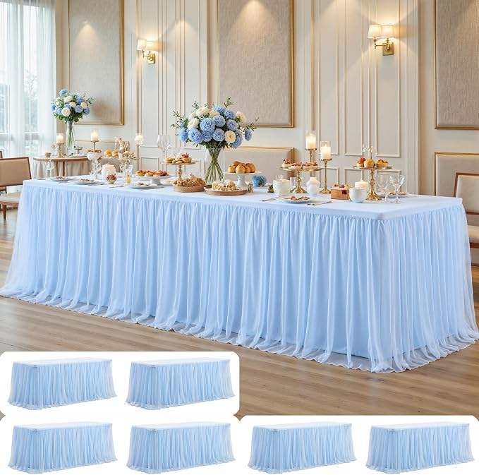 6 Pack Baby Blue Tulle Tablecloth Skirt for 8 Foot Rectangle Tables Baby Shower Tablecloths Blue Ruffle Tutu Table Skirt Stretch Fitted Table Covers for Wedding Birthday Party Banquet Reception