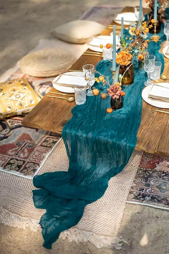 Pesonlook 12 Pack Teal Cheesecloth Rustic Boho Table Runner, 10FT Long Romantic Semi Sheer for Wedding, Baby Shower, Birthday, Bridal Party Decorations (21.5" W x 120" L)