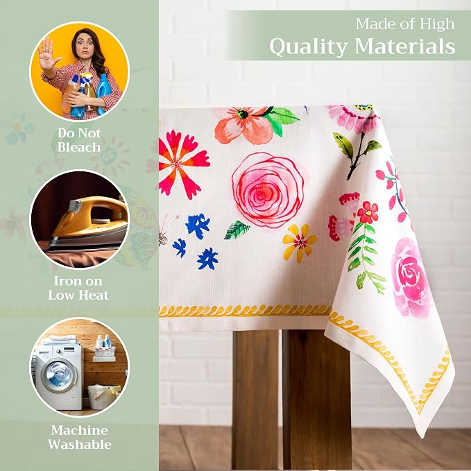 Maison d' Hermine Table Cloth Rectangle Table 100% Cotton 70 x 90 Inches Tablecloth Reusable Decorative for Dining Kitchen Room Farmhouse Home Hotel Restaurant Spring Summer - Happy Florals - Sweety