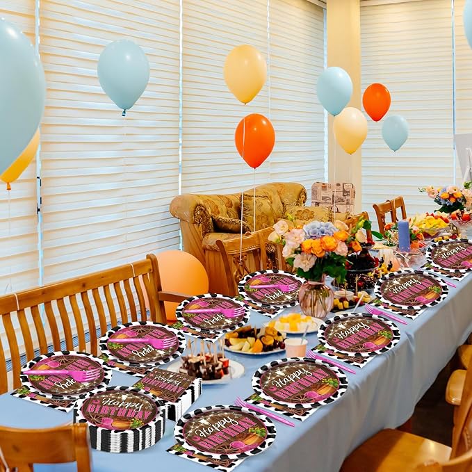 gisgfim 200pcs Cowgirl Birthday Party Decorations - Western Plates, Napkins & Disposable Forks - Pink Cow Western Girl Rodeo Tableware Set - Serves 50