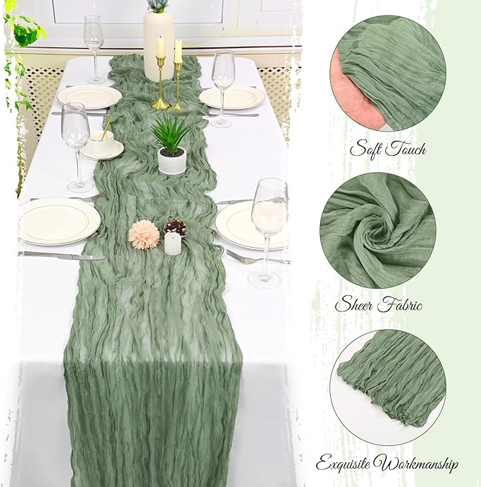 15 Pack Sage Green Cheesecloth Table Runner 17 x 108 Inch Fall Thanksgiving Boho Rustic Farmhouse Gauze Cheese Cloth Runner for Wedding Party Baby Shower Home Decor Holiday Decorations