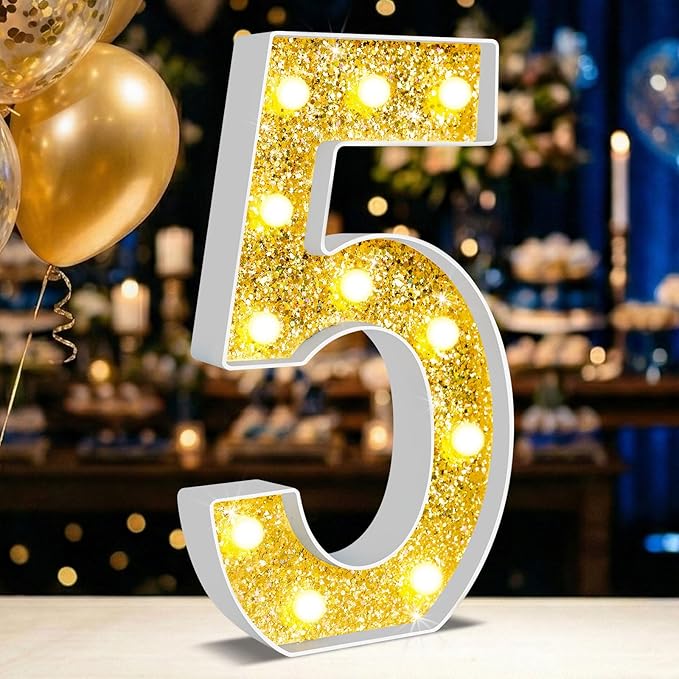 12.6 Inch LED Gold Marquee Light Up Numbers, 5th Birthday Decorations Number Lights as Gifts for Girls Boys, Glitter Lighted Marquee Numbers for Golden Anniversary Party Table Decor, 5