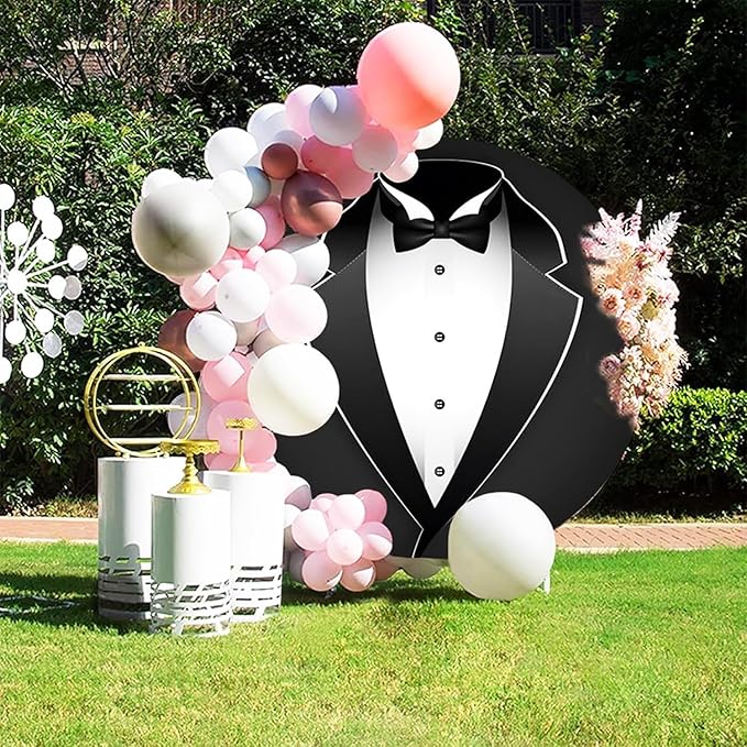 7.2ft Gentleman Tuxedo Round Backdrop Cover Black and White Bow Tie Suit Circle Photo Background for Man Portrait Birthday Party Decoration,Wedding Arch Backdrop Cover,Boy Baby Shower Photos