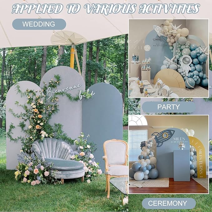 Metal Arch Stand and Cover Set,1 Dusty Blue Spandex Fitted Backdrop with 1 Gold Wedding Arched Stand Frame for Parties Birthday Baby Shower Bridal Banquet Decoration (6.6FT)