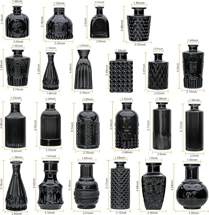 Bud Vase Set of 25: Black Glass Vases - Small, Cute Vintage Set for Flower, Wedding, Home Decorations