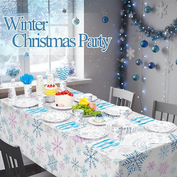 Funnymoom 452 Pcs Winter Decoration Wonderland Snowflake Party Supplies, Blue Pink Silver Snowflake Paper Plates Napkins Cups Tablecloth Cutlery Straws for Christmas Gender Reveal Baby Shower Party