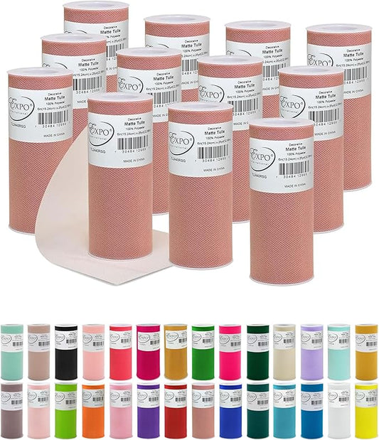 Expo International Decorative Matte Tulle, Lightweight Polyester Tulle Fabric for Tutus, Costumes, and Party Decorations, Washable, Easy-to-Use, 6 Inch x 25 Yards, Rose Gold, Pack of 12