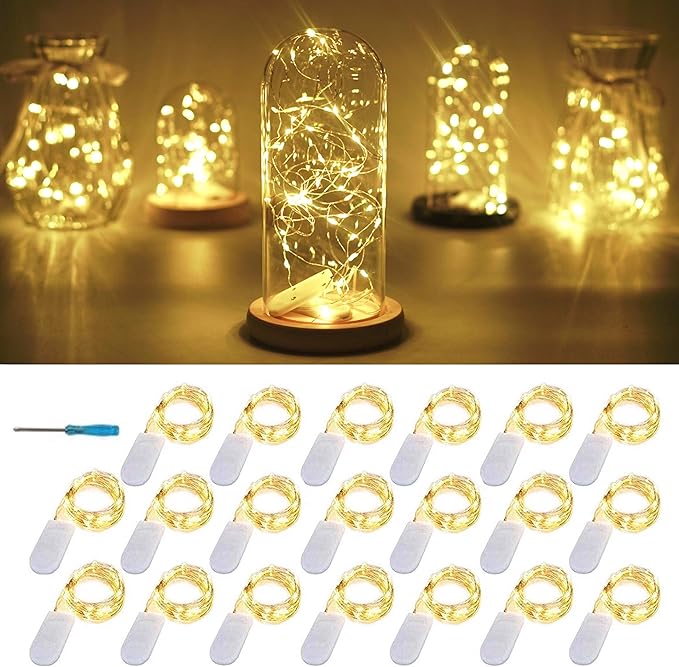 20 Packs Fairy String Lights, 6.6FT 20 LEDs Battery Operated Silver Copper Wire Starry String Light for DIY Party Christmas Costume Wedding Easter Table Decorations (Warm White)