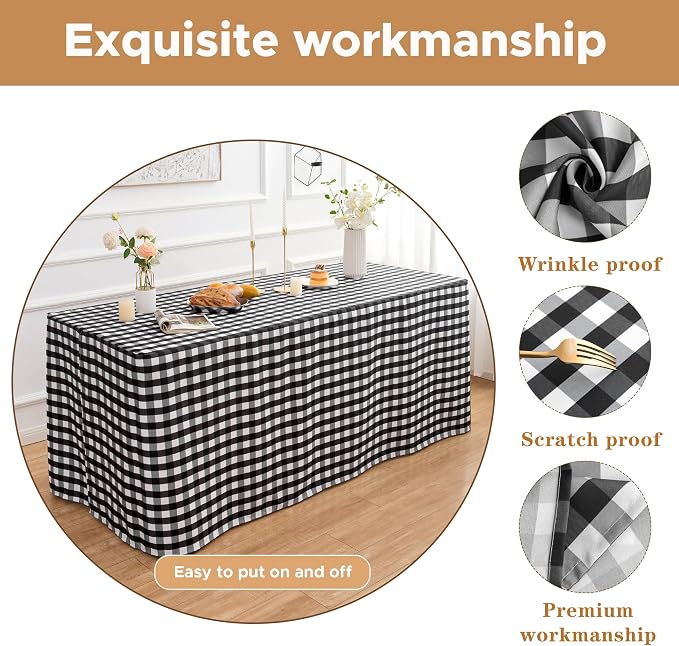 HolidayIdeas Checkered Fitted Table Covers for 8 Foot Tables - 96 x 30 Inch - 2 Pack Rectangle Table Clothes Buffalo Plaid Table Cover for Folding Table, Parties, Picnic, Trade Show (Black and White)