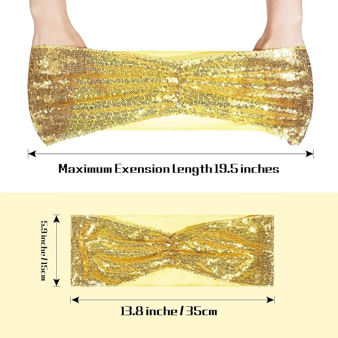Poise3EHome Set of 50 Stretch Sequin Chair Sashes Bands Gold One-Sided Sequins Decorative Bows for Wedding Party Event Chair Covers