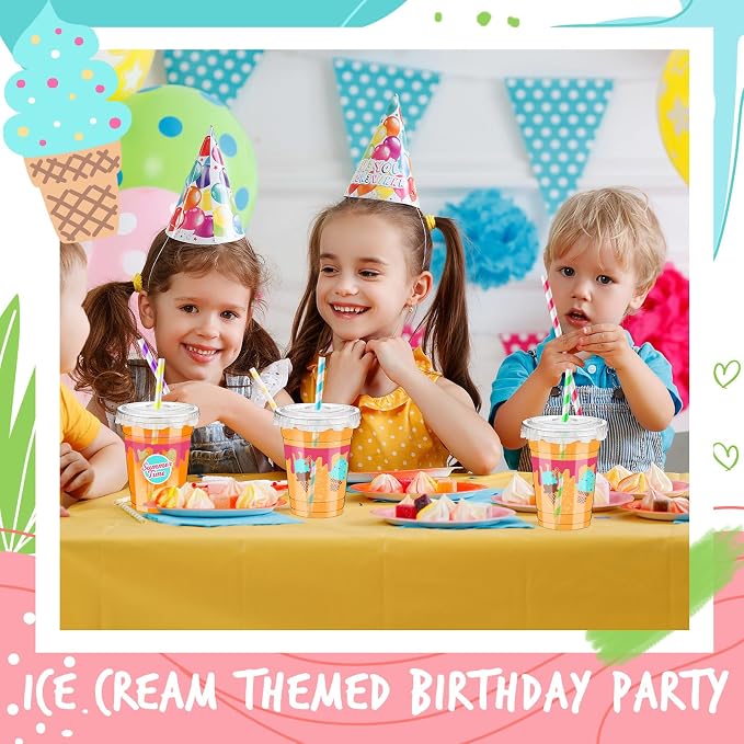 FoldTier 50 Pcs Ice Cream Birthday Party Plastic Cup 12 oz Cold Drinks Cups Boy or Girl Thick Clear Cup Birthday Party Supplies Disposable Cups with Lids for Iced Coffee, Smoothie, Milkshake