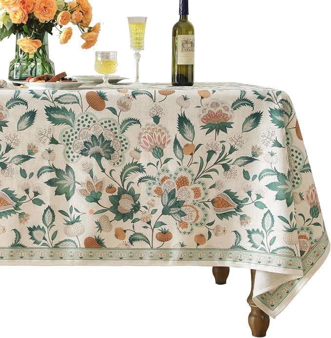 patdrea Vintage French Linen Tablecloth,Rectangular,110"x63"-Tree Life | Elegant Colorful Table Cloth for Rectangle Table,Green Floral Patterned,for Dining Room Tea Party Thanksgiving,Durable