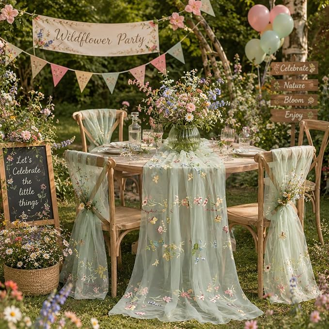 Mindsoft 3 Pack Embroidered Wildflower Tulle Table Runner 14 x 120 Inch Sage Green Floral Table Runner for Market Bridal Shower Wildflower Baby Shower Spring Summer Birthday Party Decor