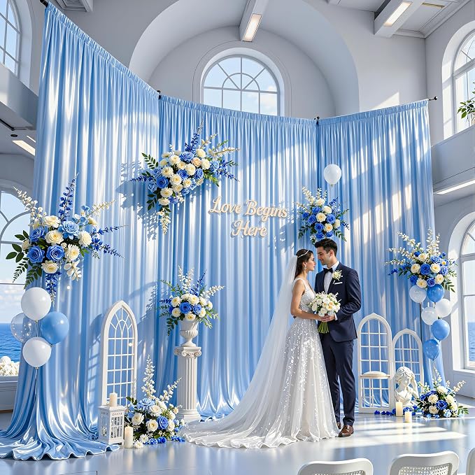 40x10ft Blue Glitter Backdrop Curtain for Parties, Wrinkle Free Satin Photo Backdrop Drapes 8 Panels 5x10FT Shimmer Back Drop Cloth for Wedding Birthday Baby Shower Photography Background Decor