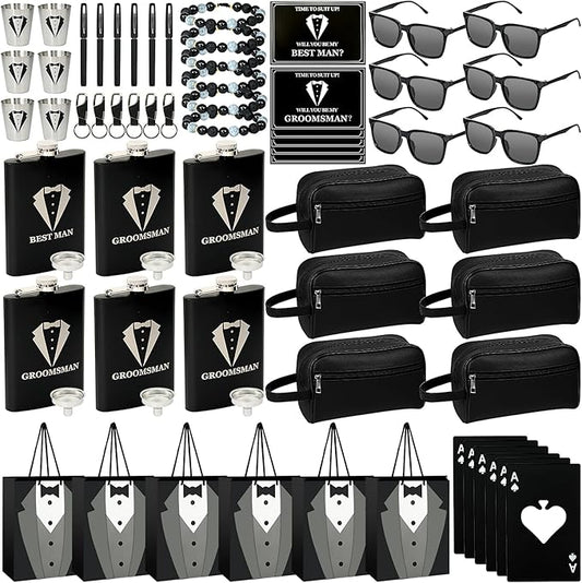 Set 6 Groomsmen Proposal Gifts - Groomsmen Gift Boxes with Leather Bag，Tuxedo Flask, Funnel，Shot Glasse，Poker Card Bottle Openers, Sunglasses, Pen，Bracelet, Card & Gift Bags for Wedding Party （Black）