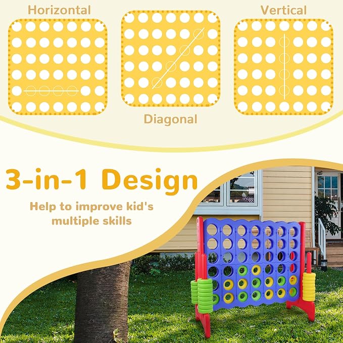 Peekabu Giant 4-in-A-Row Connect Game Outdoor, 3.5FT Jumbo 4-to-Score Yard Game for Kids & Adults, 42 Rings & Quick-Release Slider