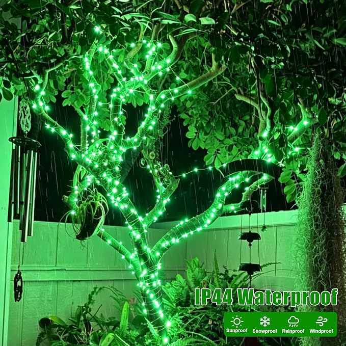 YEGUO 4 Pack Halloween Solar Fairy Lights, Each 33ft 100 LED Green Christmas Lights Outdoor Waterproof, 8 Modes Sliver Wire Solar String Lights