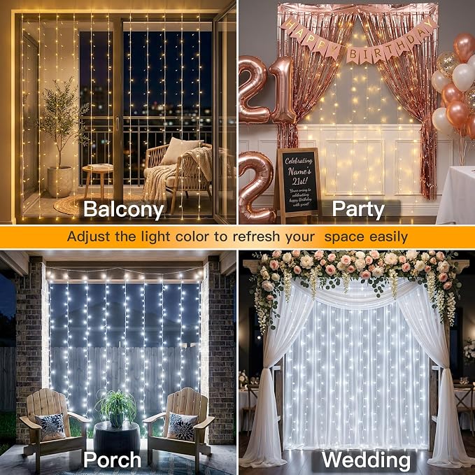 suddus Color Changing Curtain Lights, 200 Led Hanging Lights Outdoor, Fairy Curtain Lights Indoor for Christmas, Dorm, Wall, Backdrop, Window, Wedding, Party, Birthday Decor, Warm White & White