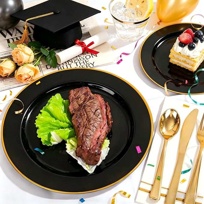 SUT 175 Piece Black and Glod Plastic Dinnerware Set for 25 Guests, Disposable Plastic Plates, Include: 25 Dinner Plates, 25 Dessert Plates, 25 Pre Rolled Napkins with Silver Silverware, 25 Cups