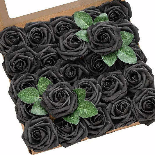 Ling's moment Artificial Flowers 50Pcs Black Roses Decor w/Stems,3" DIY Foam Floral for Wedding Bouquet/Centerpieces, Outdoors Party Backdrop, Room/Table, and Garden/Pot Decorations