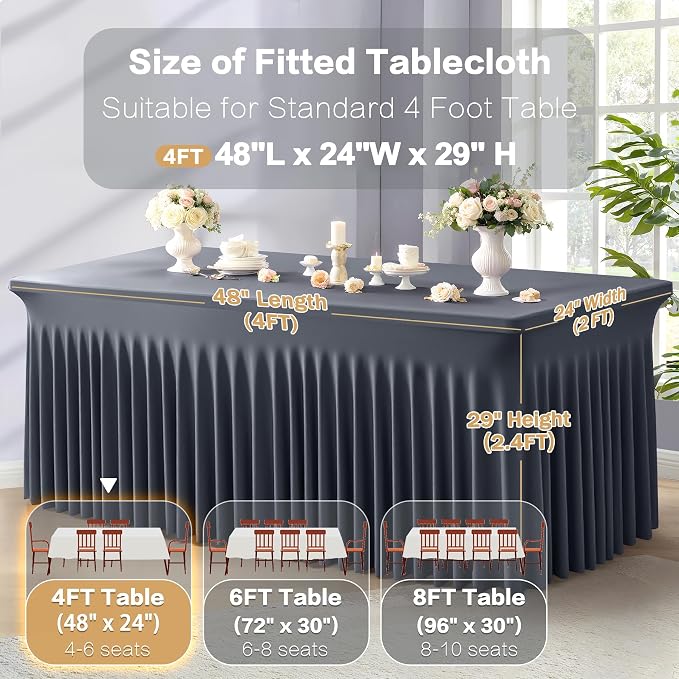 Shillance 2 Packs Grey Spandex Tableclothes for 4 Foot Rectangle Table, Spandex Table Covers 4FT Stretch Table Skirts Wrinkle Free Fitted Table Cloth for Event, Wedding, Banquet & Parties