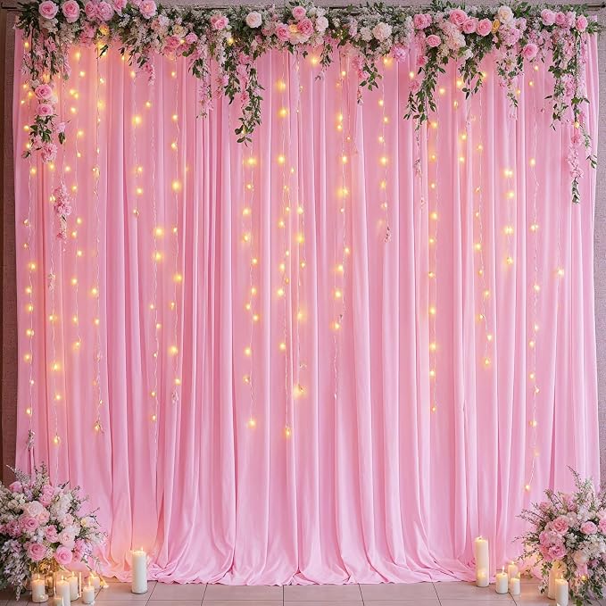50ftx12ft Pink Backdrop Curtains for Parties, Wrinkle Free Polyester Pink Photo Backdrop Drapes 10 Panels 12 ft Long Back Drop Cloth for Wedding Birthday Photography Background Party