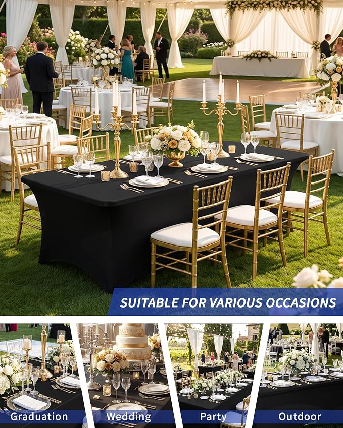 Fixwal Black Tablecloths for 8 Foot Rectangle Tables, 2 Pack Spandex Stretch Fitted Table Covers for Party, Trade Show, Banquet, Wedding, Buffet