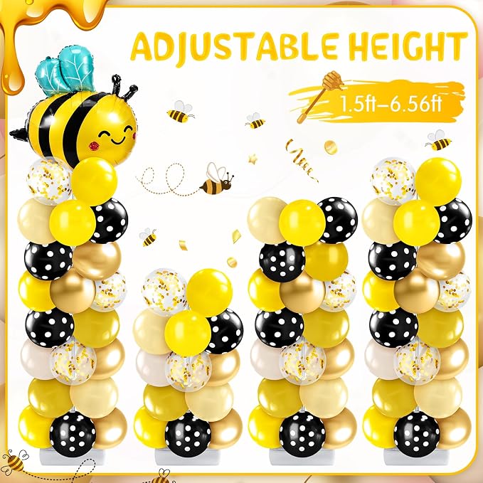 Kasyat 2 Sets Bee Theme Party Balloon Column Stand Kit with Bee Daisy Foil and 100 Latex Balloons, Adjustable Honeybee Balloon Stand Kit for Baby Shower Birthday Party Supplies