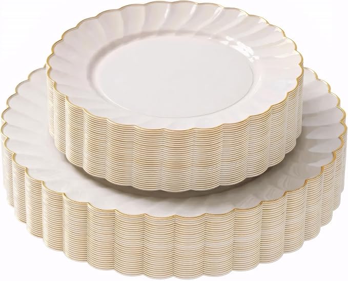 By Madee HEAVYWEIGHT Plastic Plates for Party | 60 Pc Ivory Scalloped Plates with Gold Trim | Fancy Disposable Plates for Weddings, Bridal Showers & Events | 30 Dinner & 30 Dessert