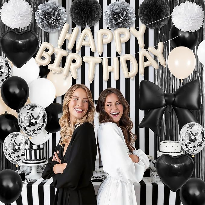 Black Bow Birthday Decorations, Sand White Happy Birthday Balloon Banner with Bow and Heart Foil Balloons Fringe Curtain Tissue Paper Pompoms Garland Party Supplies for Women Girls Boys