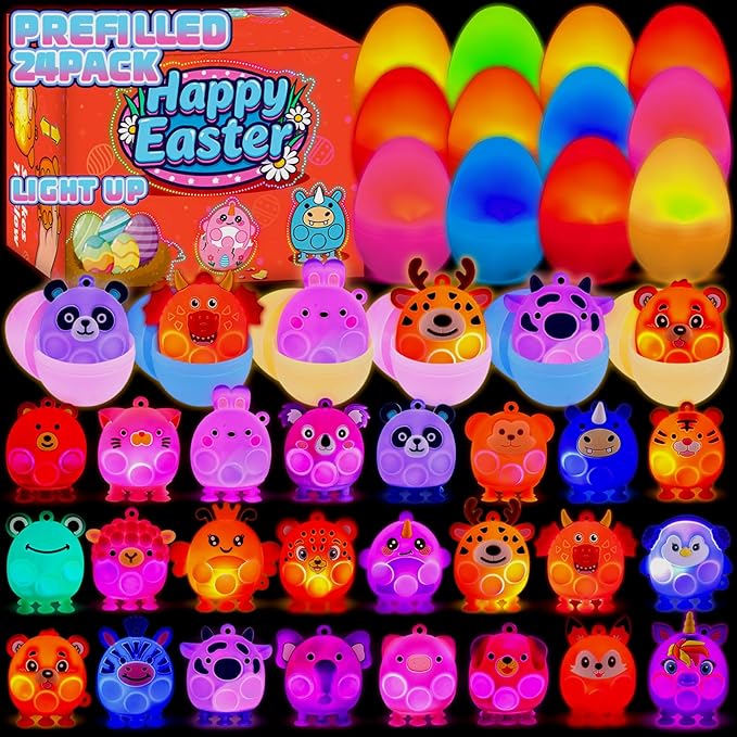 ChildFun Prefilled Easter Eggs with Light Up 3D Animal Pop Toys, 24 Pack Easter Eggs Filled, Easter Basket Stuffers for Toddler Eggs Hunt, Glow in The Dark Easter Egg, Easter Gifts for Kids