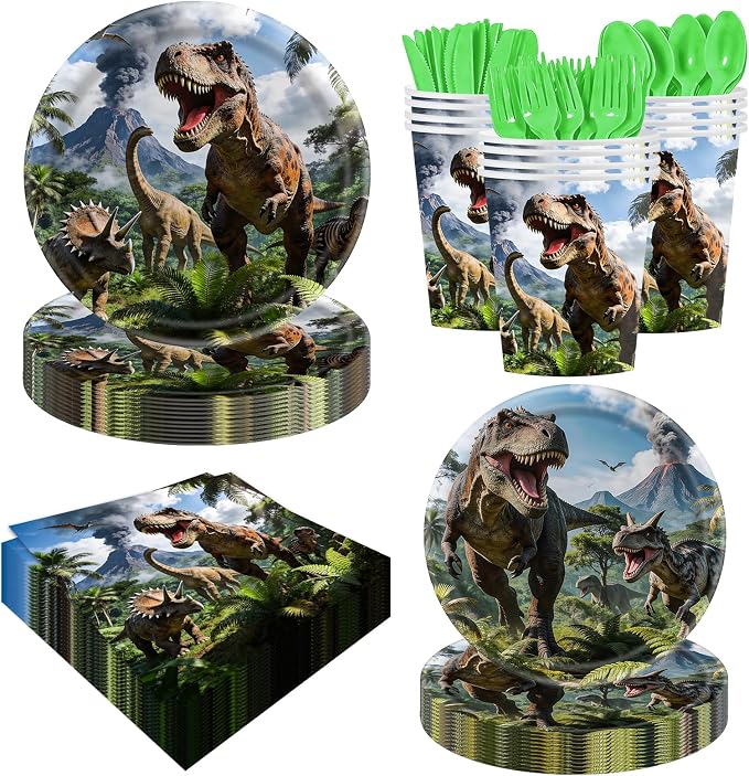 140PCS Dinosaur Party Birthday Supplies, Heavy Duty Oil-Proof Waterproof Paperware for Kids Dinosaur Theme Party, Disposable Dinosaur Tableware Set for 20 Guests Birthday Party