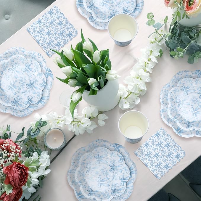 Newtay 250 Pcs Blue Bow Floral Disposable Plates and Napkins Bow Coquette Disposable Tableware Set for 50 Guests Blue Flower Paper Plates Napkins Cups for Wedding Bridal Shower Party Supplies